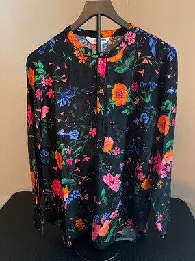 Old Navy Black Floral Long-Sleeve Tunic with Vibrant Pink Orange Blue Accents
